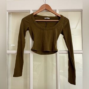 Reformation Olive Ribbed Knit Long Sleeve Crop - XS